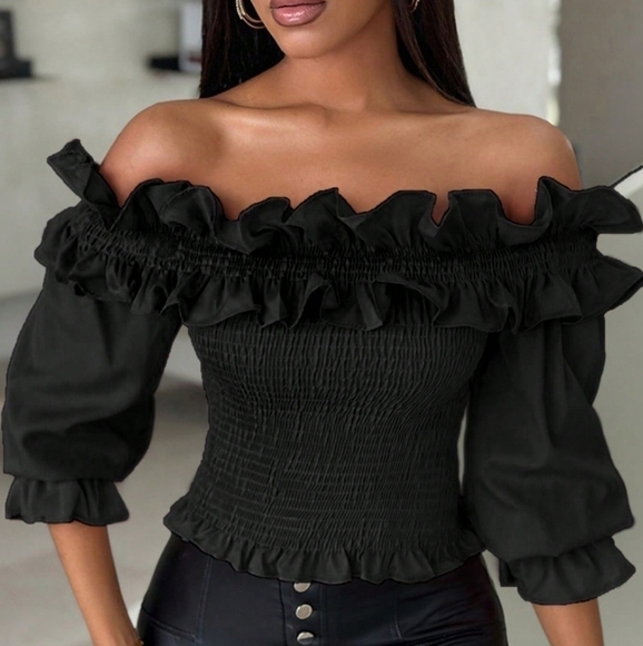 Women's Summer Casual One Shoulder Crop Tops With Ruffles And Decorated Edge - Picture 3 of 4